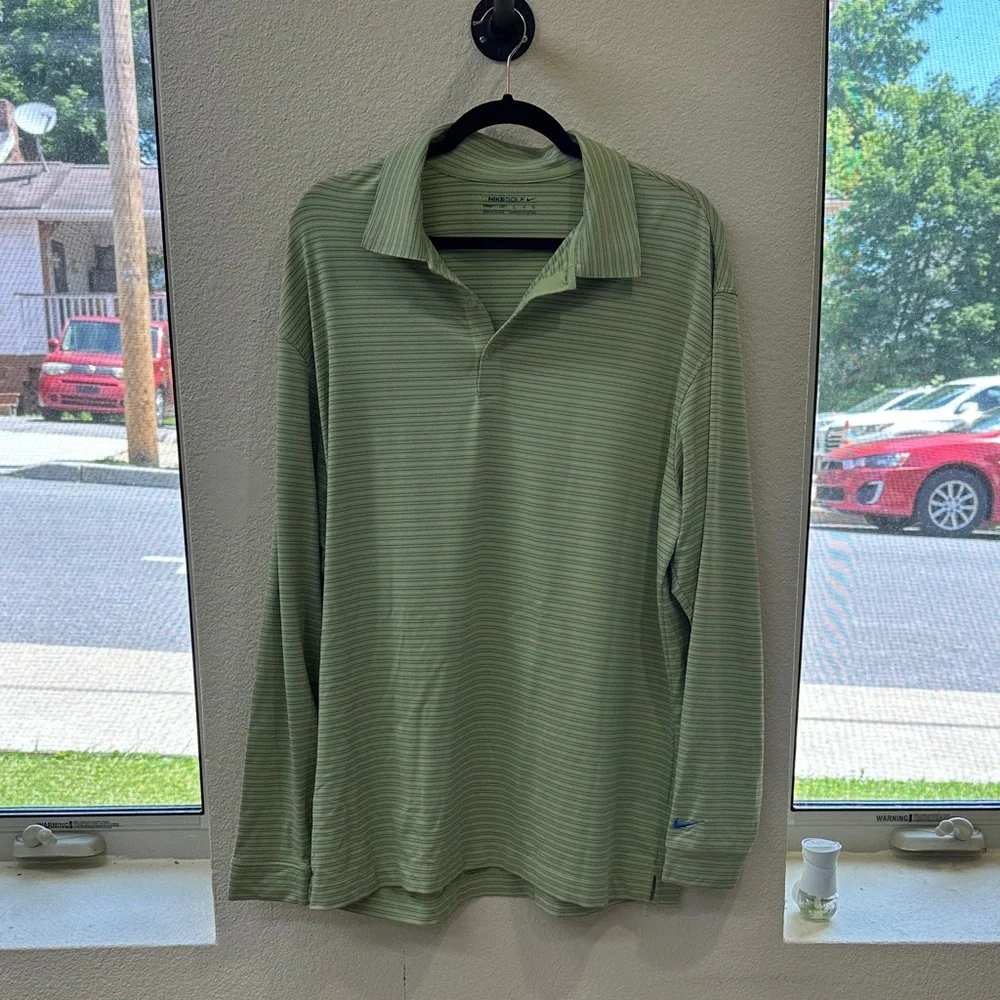 Nike Golf Green Striped Long Sleeve Polo | Dri-FIT Performance Size Large